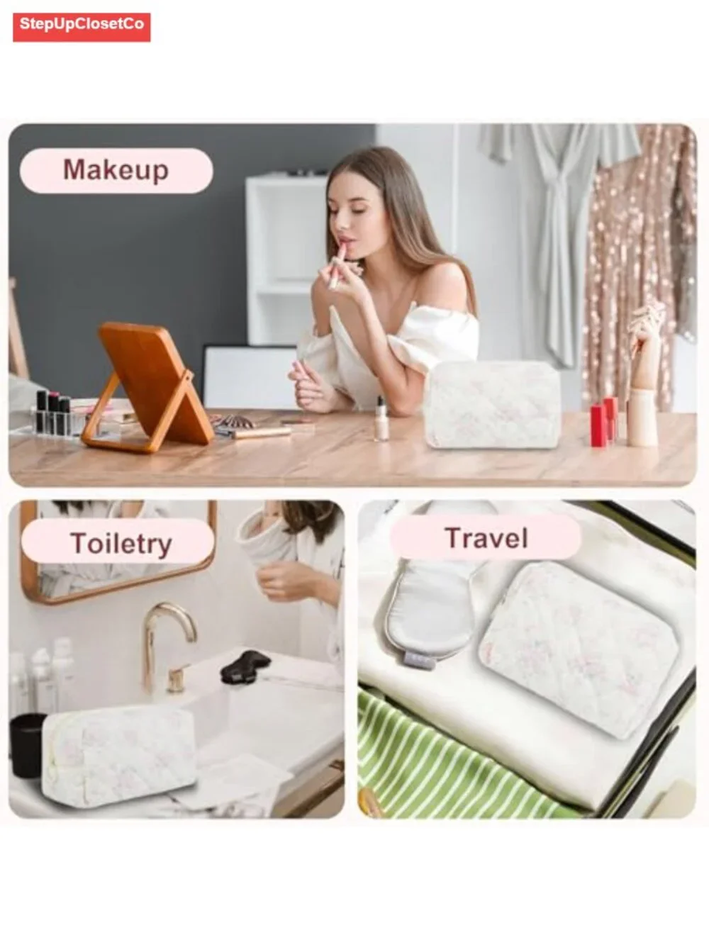 Quilted Cotton Makeup Bag Puffy Coquette Pouch Travel Toiletry Organizer